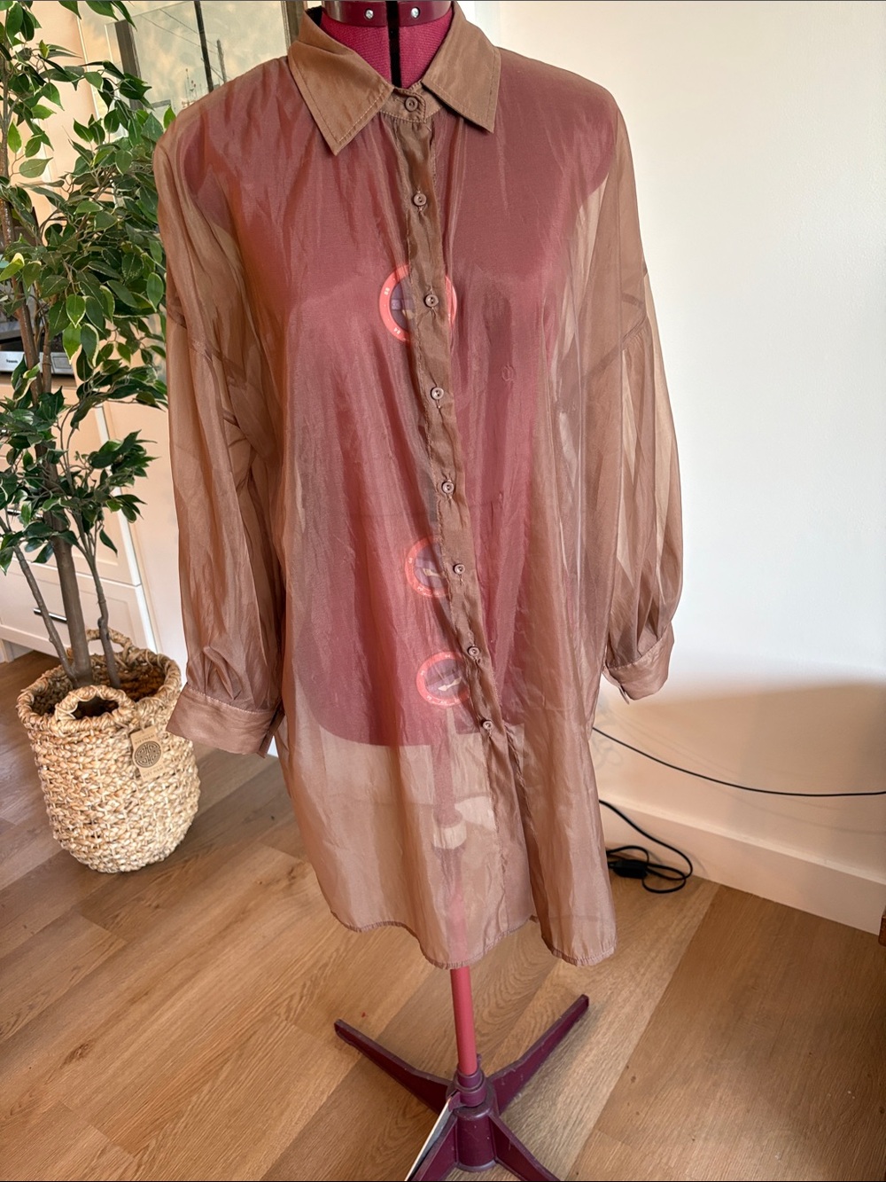 JLUXLABEL Sheer Long Sleeve Shirt Dress in Brown Tan